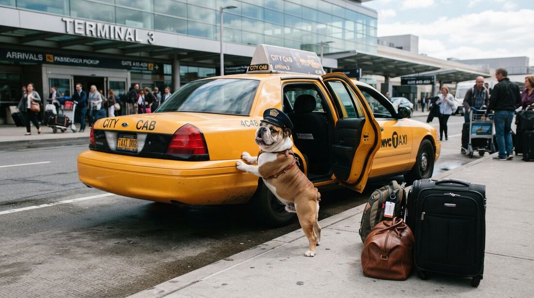 A bulldog holding the back door of a yellow cab open at an airport terminal while the driver loads suitcases