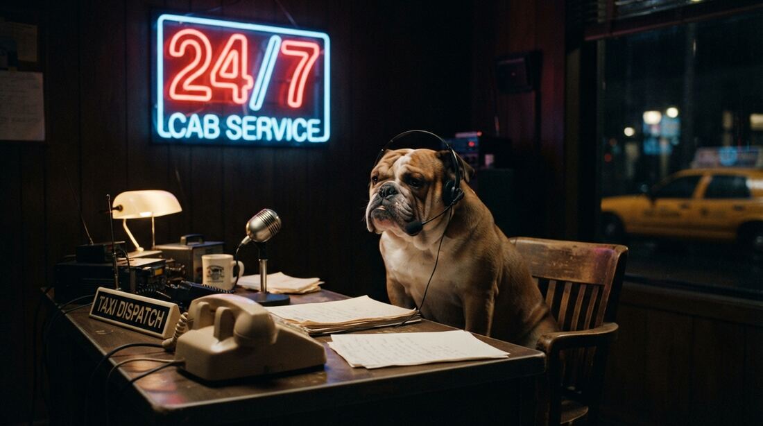 A bulldog in a headset at a cab dispatch desk under a neon 24/7 Cab Service sign