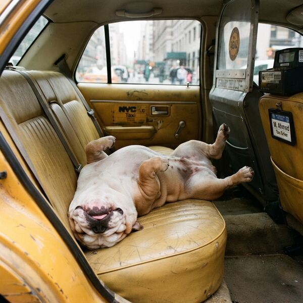Gravy, a bulldog asleep belly-up across the back seat of a taxi