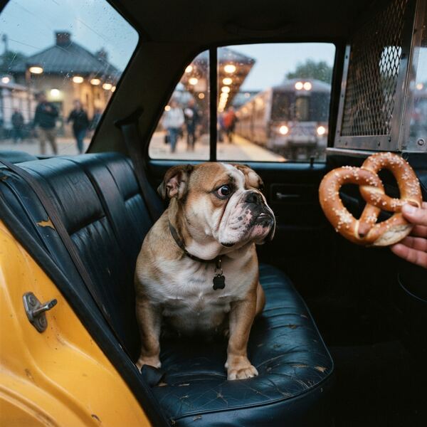 Pickles, a bulldog in the back seat at a train station, staring at a pretzel