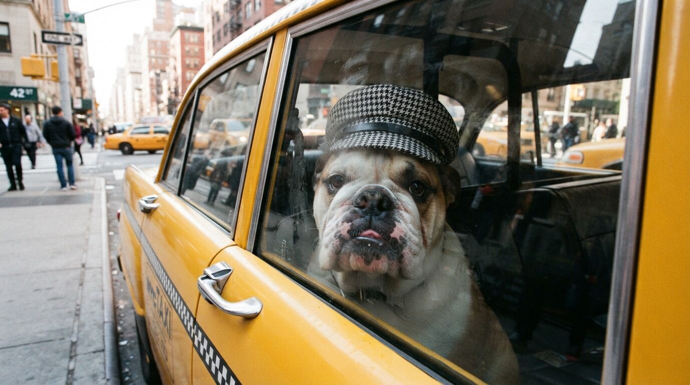 A bulldog in a houndstooth cab driver's cap with its face against the back window of a yellow taxi