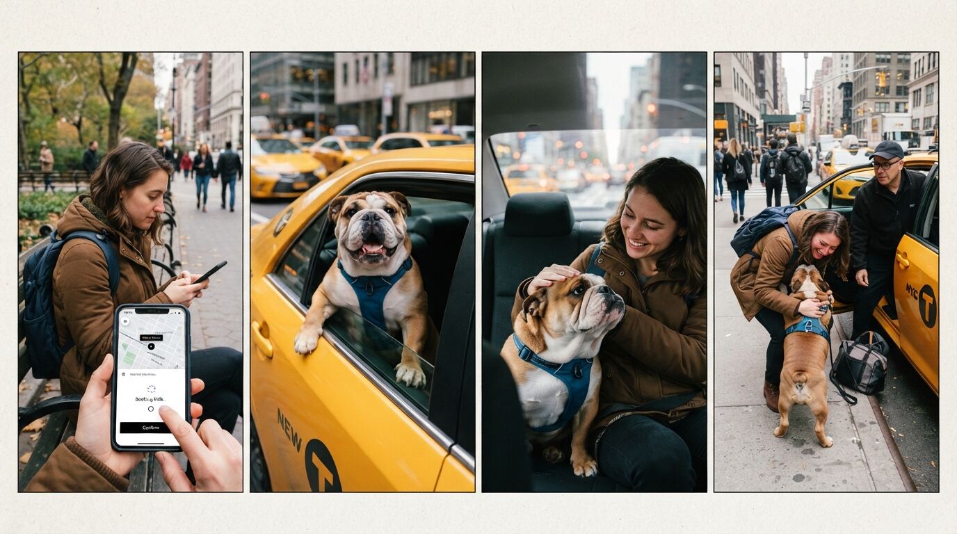 Four panels: booking a ride on a phone, a bulldog looking out of a cab window, a passenger petting the bulldog, and saying goodbye at the curb