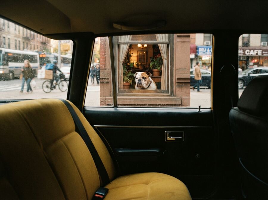 An empty, clean taxi back seat while a bulldog watches sadly from a window across the street