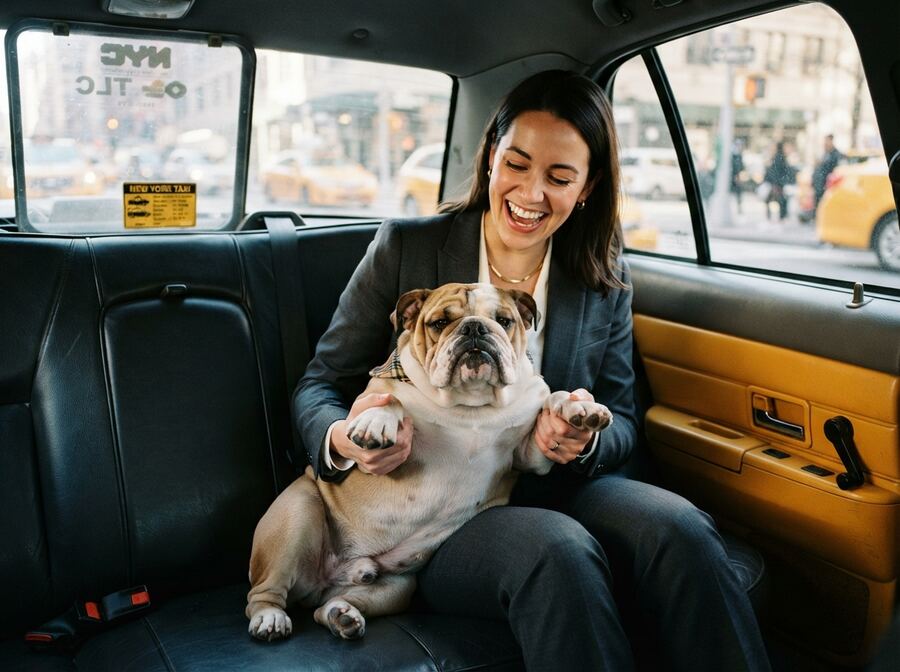 A woman in a suit laughing with a bulldog sitting on her lap in a taxi