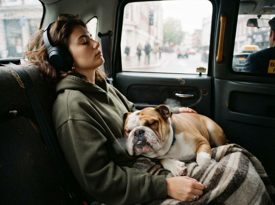 A passenger asleep in headphones with a bulldog snoozing on her lap