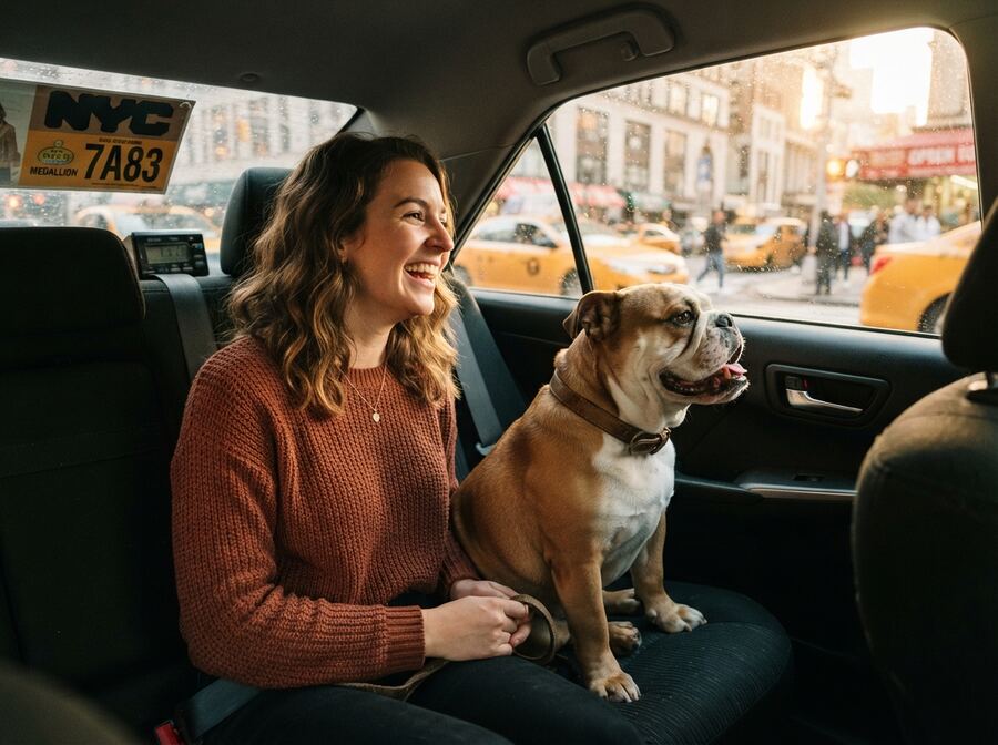 A smiling passenger in the back of a cab with a bulldog sitting beside her